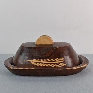 Dark Brown Oval Wooden Trinket Tray with Lid Wheat Carved on Lid